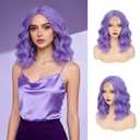 GUOJIAN Purple Bob Wig 14 Inch Short Wavy Curly Shoulder Length Wig for Women Middle Part Natural Looking Heat Resistant Synthetic Wigs for Daily Party Use