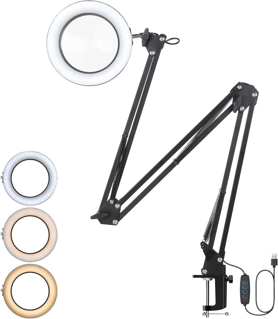 Magnifying Glass with Light, 43in Arm Length Magnifying Desk Lamp, 3 Color Modes & 10 Brightness Dimmable, Adjustable Swing Arm LED Lighted Magnifier with Clamp Real Glass Lens (43inch, Black)