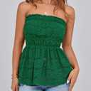 PRETTYGARDEN Women's Boho Tube Tops 2025 Summer Strapless Off Shoulder Eyelet Smocked Peplum Trendy Going Out Bandeau Top (Green, S)