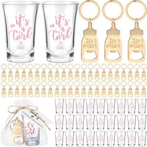 Vesici 50 Set Baby Shower Favors for Girls Boys Acrylic Shot Glasses Gold Bottle Opener Keychains Thank You Tags and Bags for Baby Shower Party Gender Reveal Party Guests Return Gift (It's A Girl)