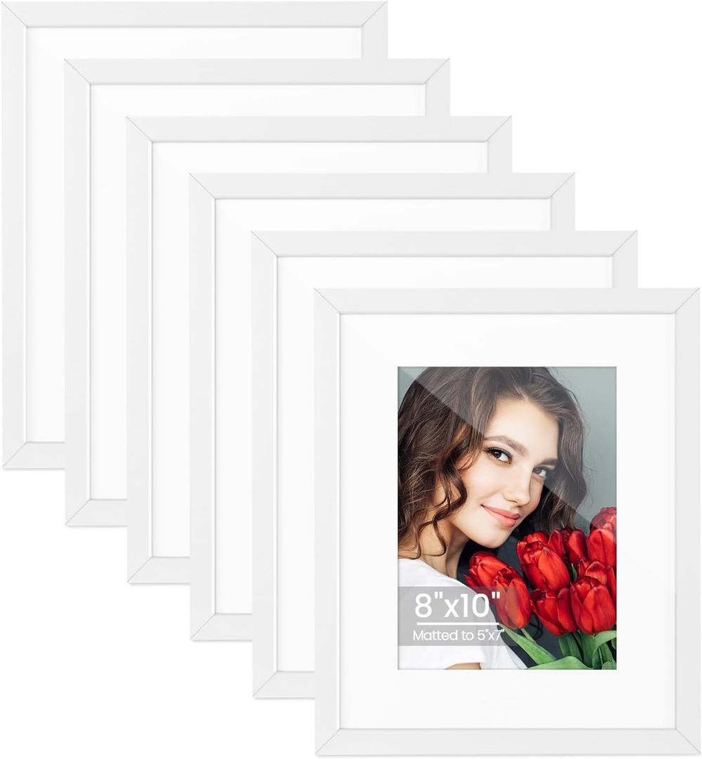 LBECUA 8x10 Picture Frame Set of 6, Display Pictures 8x10 without Mat or 5x7 with Mat, Horizontal and Vertical for Wall and Tabletop, White
