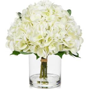 Hollyone Real Touch White Hydrangea Artificial Flowers in Vase Latex Large Faux Hydrangea Flowers Arrangements Hydrangeas Fake Flower with Glass Vase with Faux Water for Table Centerpiece Home Decor