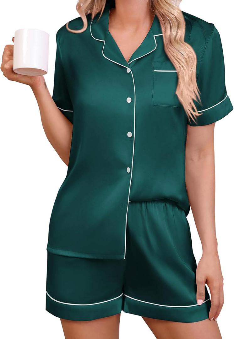KCW Pajamas for Women Set 2 Piece Silk Satin Lounge Sets Short Sleeve Top and Shorts Pj Set Button Down Sleepwear (Medium, Bright Teal Blue)