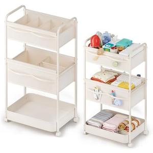 Baby Diaper Caddy, Premium Metal& Felt Movable Cart with Dividers for Newborn Nursery Essentials, Large Capacity Rolling Diaper Storage Caddy Organizer for Changing Table &Crib, Easy Assembly- Beige