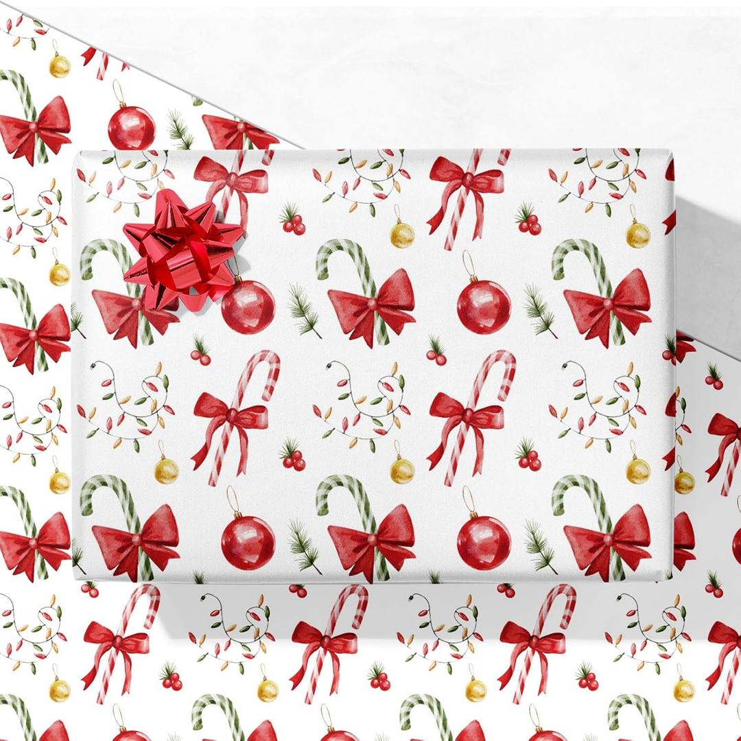 3 x GIOLNIAY Candy Canes Christmas Wrapping Paper for Kids Adults - Holiday Gift Wrap Red Bows, Candy Canes & Ornaments - 4 Jumbo Sheets, 28" x 40" Each (31 sq. ft ttl), Easy to Store