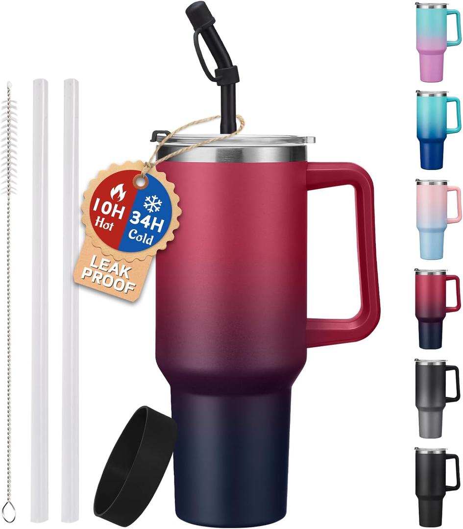 40 oz Tumbler with Handle and Straw Spout Lid - 100% Leak-proof Travel Coffee Cup, BPA Free Metal Mug, Vacuum Insulated Water Bottle- (Cold-34H & Hot-10H), Straw Cover, Silicone Boot (Ruby Purple)