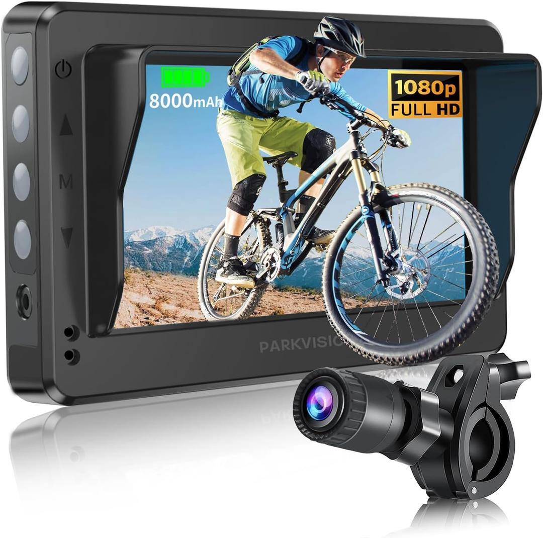PARKVISION Bicycle Rear View Camera with Sunshade, 4.3'' HD 1080P Monitor with Auto Dim, 8000mah Rechargeable Battery, 3Mins Installation Bike Camera for Mountain, Ebike,Road Bike