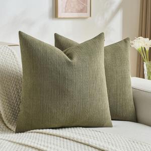 FUTEI Pack of 2 Solid Chenille Throw Pillow Covers 20x20 Inch Soft Cozy Wheat Ear Striped Textured Decorative Cushion Cases Modern Farmhouse Accent for Couch Bed Living Room, Olive Green