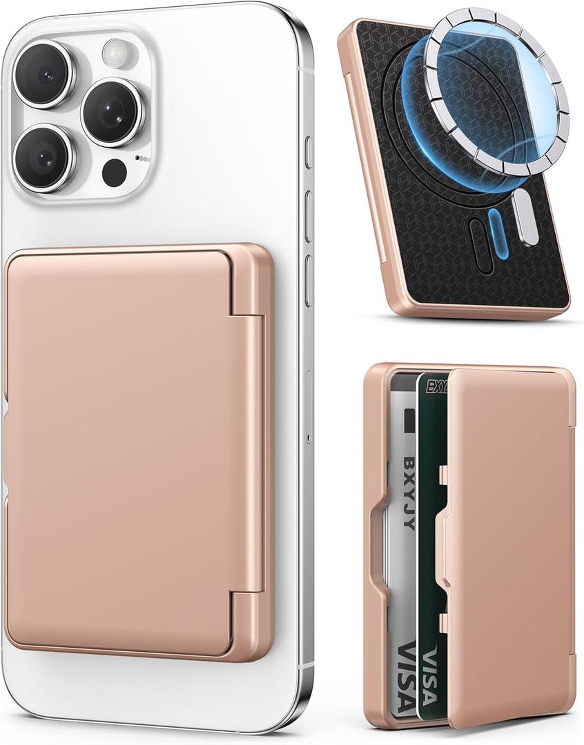 BXYJY for MagSafe Phone Wallet, Magnetic Card Holder(4-5 Card), RFID Blocking, Built-in Mirror, Men Women Wallet for iPhone 16/15/14/13/12 Series or Magnetic Case, Not for iPhone 13/12 Mini, Rose Gold