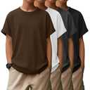 LessonZoo 4 Pack Boys Short Sleeve Shirts Crewneck Kids Tops for Ages 5-14 Loose Fit Basic Casual Soft Plain Youth Tees(9-10 Years, Black, Dark Mixed Gray, White, Brown), 9-10Y