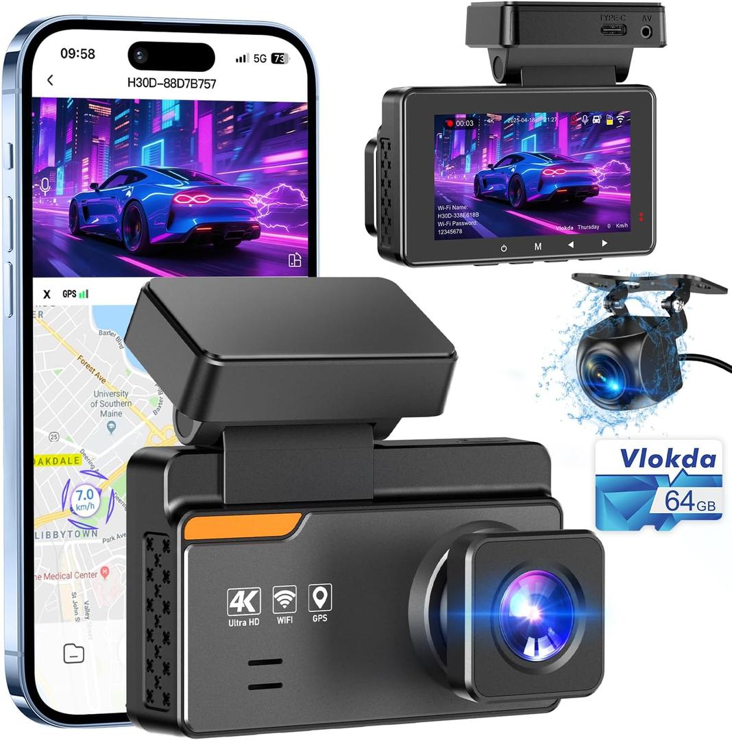 Dash Cam Front and Rear, 4K/2K Dashcams for Cars, Camera for Car with Free 64GB Card, Built-in WiFi GPS, ADAS, Night Vision, Loop Recording, Emergency Lock, 170Wide Angle, 24H Parking Mode