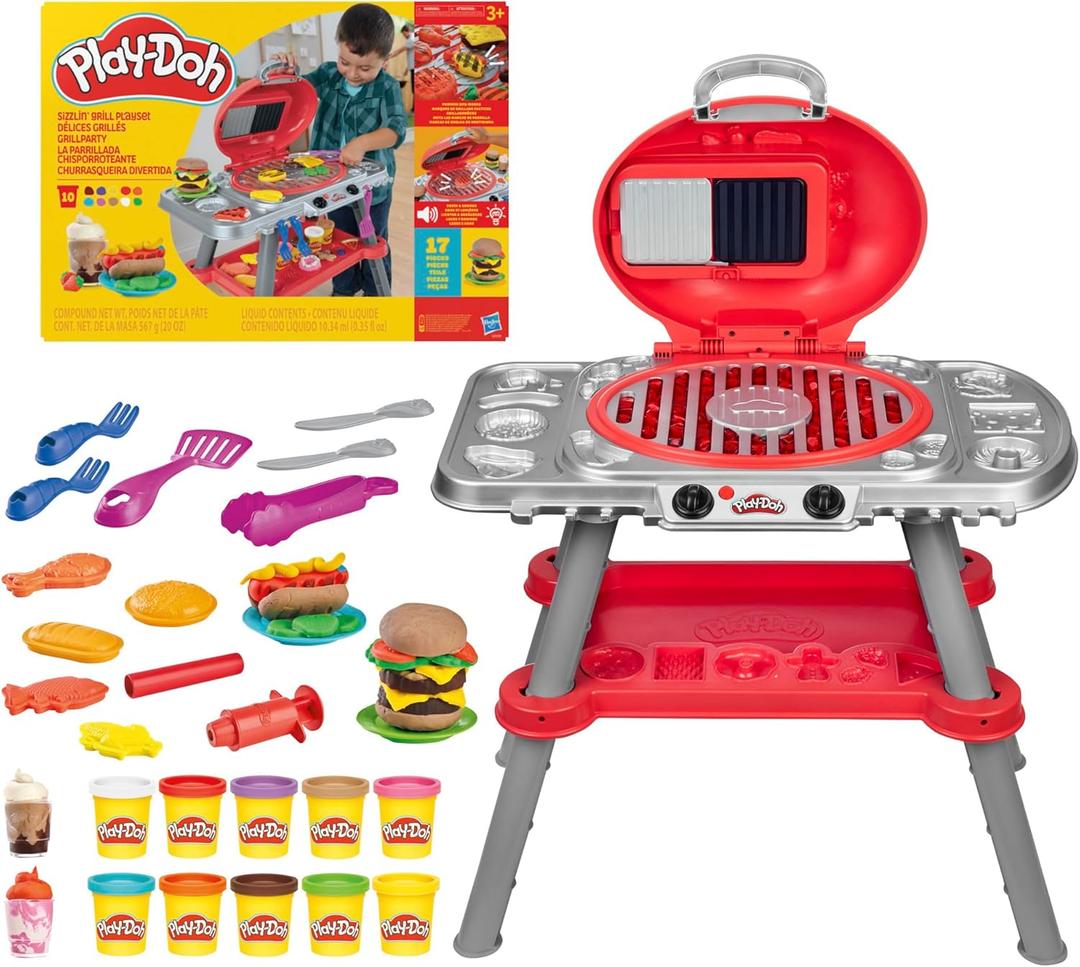 Play-Doh Sizzlin' Grill Playset with Lights & Sounds, 17 Accessories, BBQ Toys for Boys & Girls 3+, Play Food Arts & Crafts, Red, Child-size