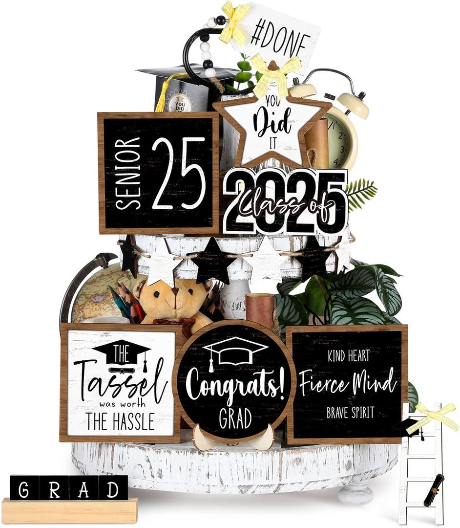 Mifoci 15 Pcs Graduation Tiered Tray Decor Set Farmhouse Wood Class of 2025 Table Decorations Tabletop Rustic Wooden Signs for Home Graduation Kitchen Decoration