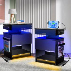 Nightstand with Induction Light & Side Charging Station, Modern Bedside Table with Drawer & Acrylic Bookshelf, Set of 2 Black End Tables for Bedroom - Final Stocks