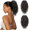 Flufymooz Ponytail Extension, 12" Short Claw Ponytail Extension Wavy Curly Jaw Clip in Pony tails Hair Extension Natural Synthetic Hairpiece for Women (Black Brown)