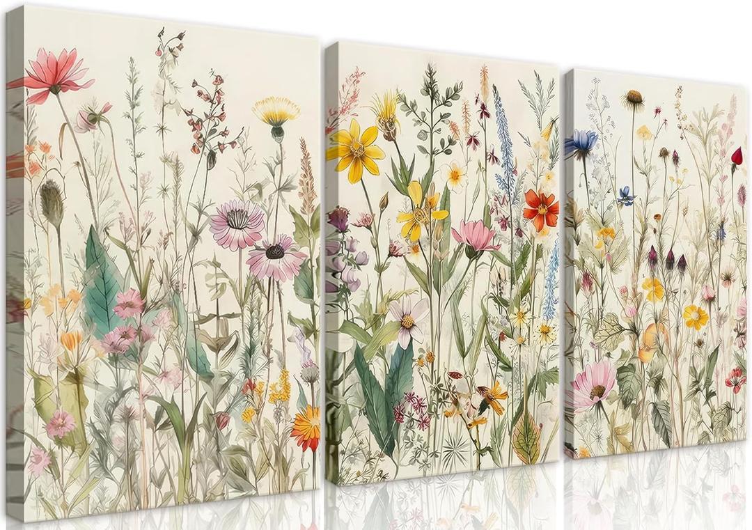 3 Pcs Framed Flowers Canvas Wall Art Watercolor Floral Botanical Prints Wildflower Pictures Wall Decor Colorful Plant Paintings Posters for Bathroom Living Room Bedroom Office Kitchen(16x24in) (16x24in Framed)