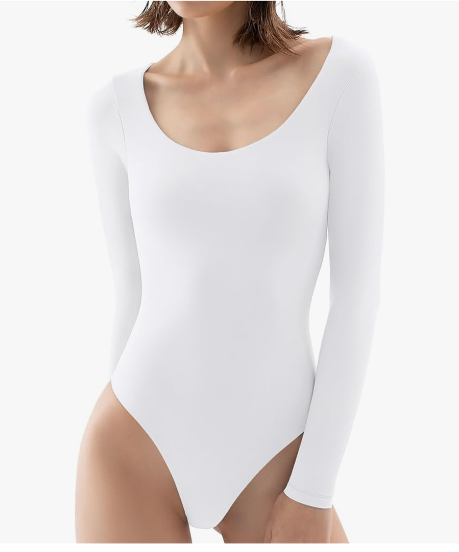 PUMIEY Women's Scoop Neck Long Sleeve Bodysuit Body-hugging Sexy Tops Smoke Cloud Collection Large
