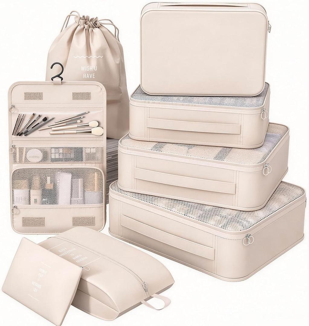 1 Set Packing Cubes for Travel,Suitcase Organizer Bags for Luggage with Shoe & Hanging Toiletry Bag, Vacation Essentials & Accessories for Cruise Ship, Airplane Must-Have,Road Trip & Camp Gifts(Cream)