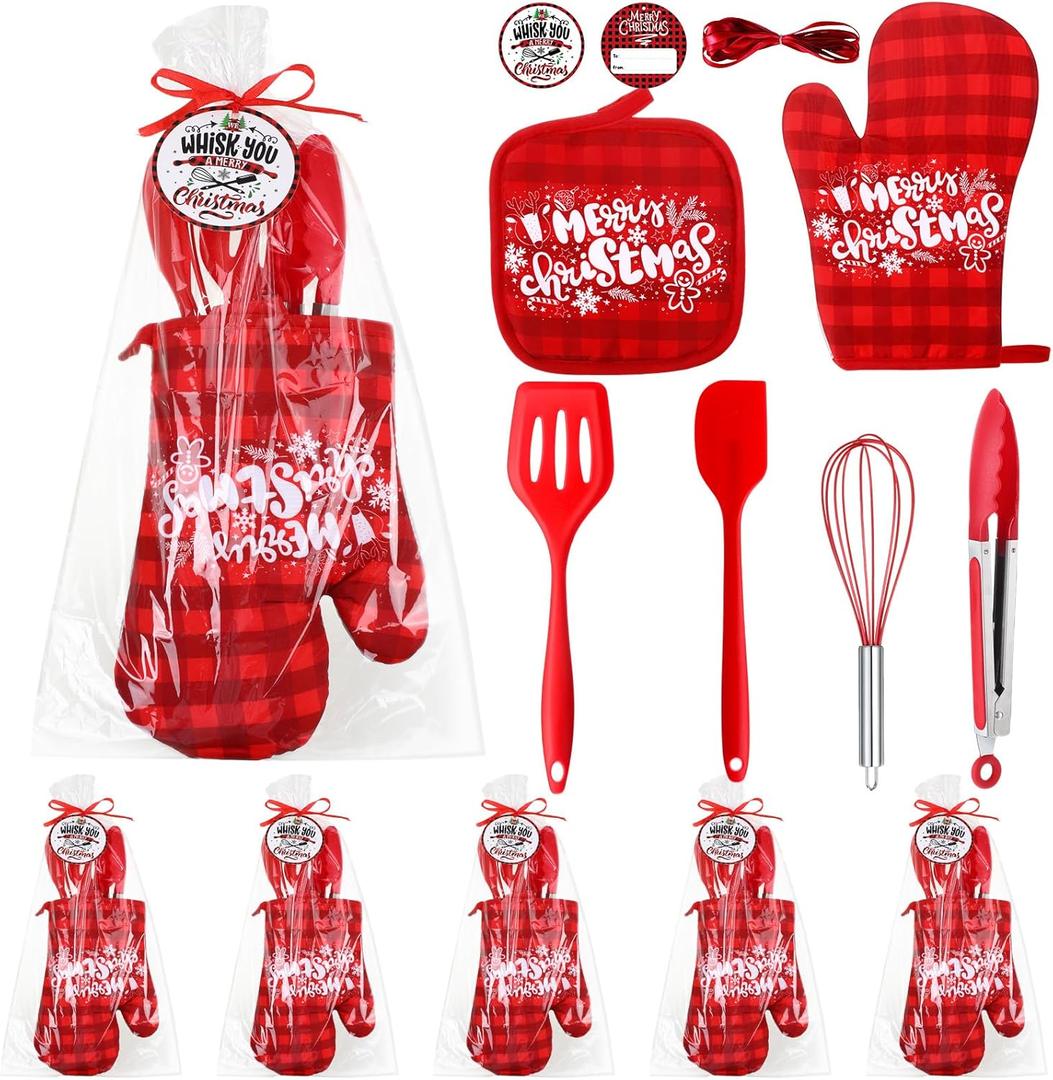 Funnymoom 42 Pcs Christmas Baking Set Merry Christmas Oven Mitt and Pot Holders Bulk 10 Inch Red Mini Kitchen Utensil, Christmas Cooking Gift for Xmas Baking Appreciation Gift