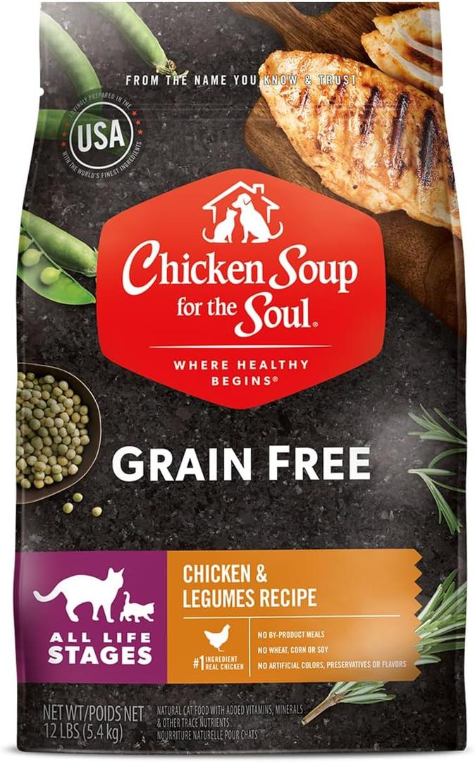 Chicken Soup for the Soul All Natural Premium Grain-Free All Life Stage Dry Cat Food, Real Meat First Ingredient, No By-Products, Supports Immune & GI Health, Chicken & Legumes, 12lb, BB Date Not Found 
