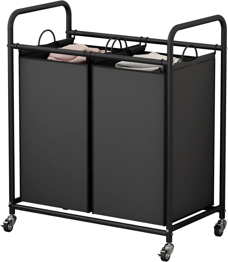 Laundry Sorter Basket 2 Bag Laundry Hamper Cart with Rolling Lockable Wheels and Removable Bags Laundry Organizer Cart for Clothes Storage, Black