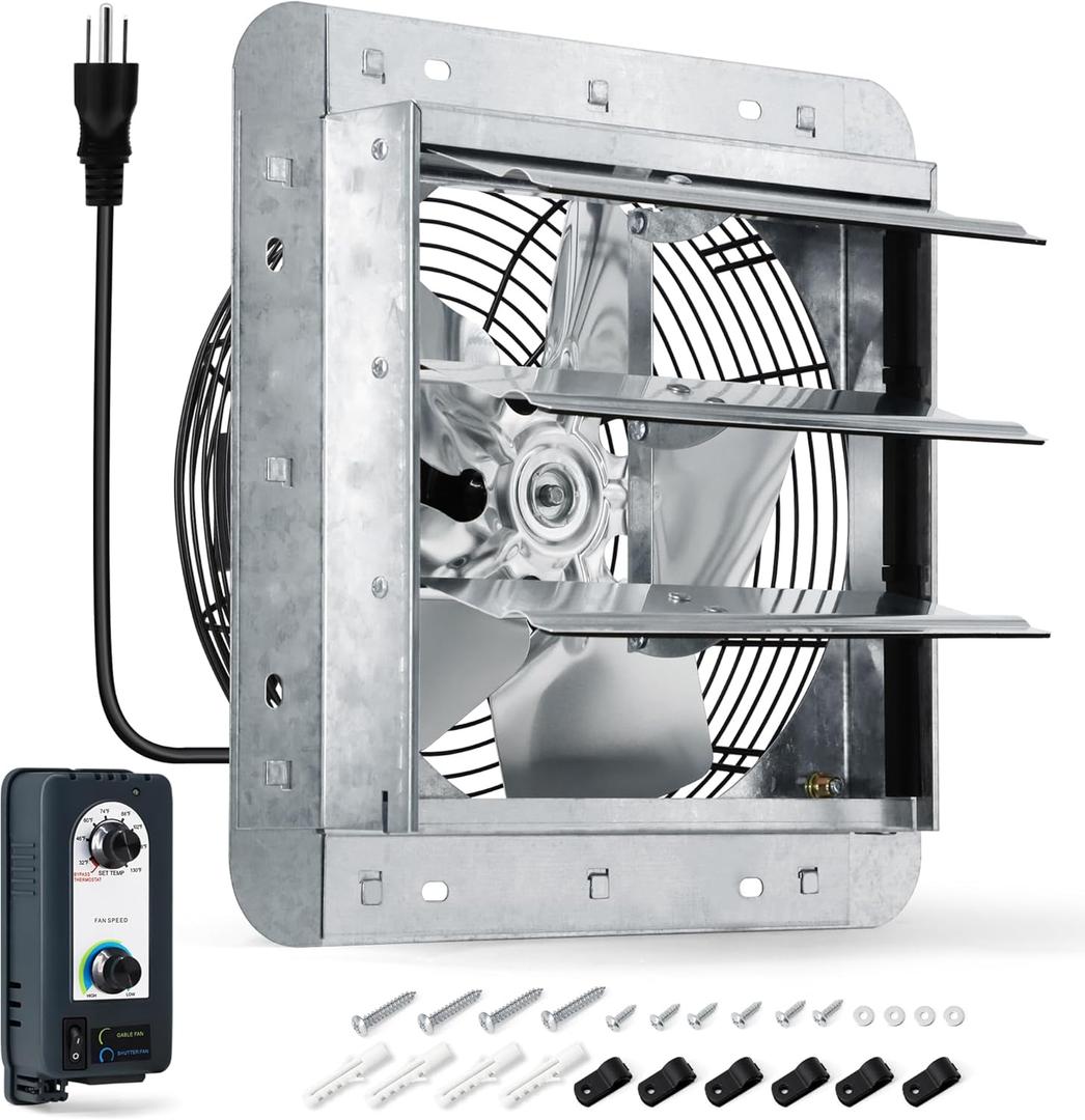 10 Inch Shutter Exhaust Fan with Thermostat and Speed Controller, Wall Mounted Vent Fan for Attic, Greenhouse, Shed, Garage, Chicken Coop, Shop Ventilation, 820 CFM, 1200 SQF Coverage Area