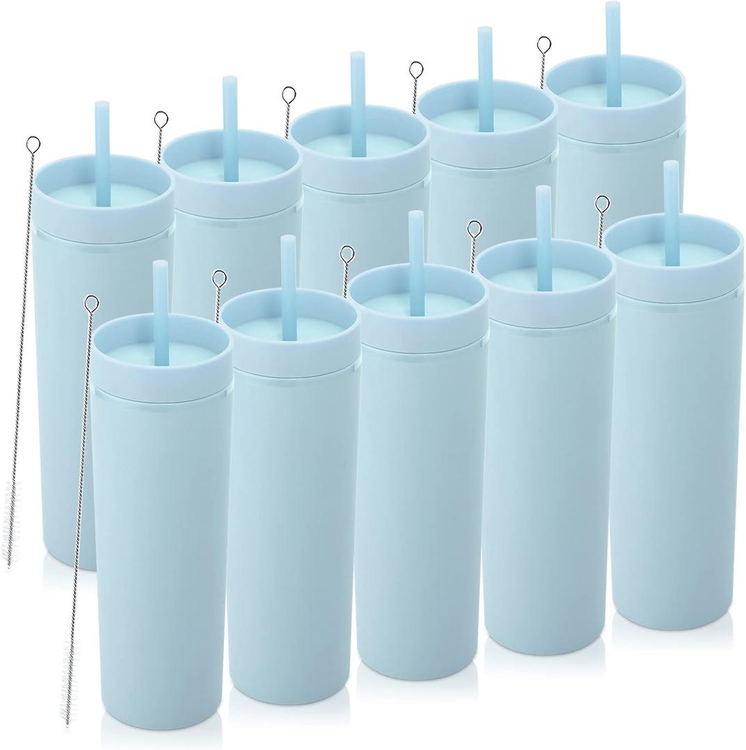 Volhoply 20oz Plastic Skinny Tumblers Bulk 10 Pack,Double Wall Tumbler with Lid and Straw,BPA Free Matte Acrylic Iced Coffee Cups With Straw,Reusable Travel Cute Mug for Party,DIY Gift(Blue, 10 Set)