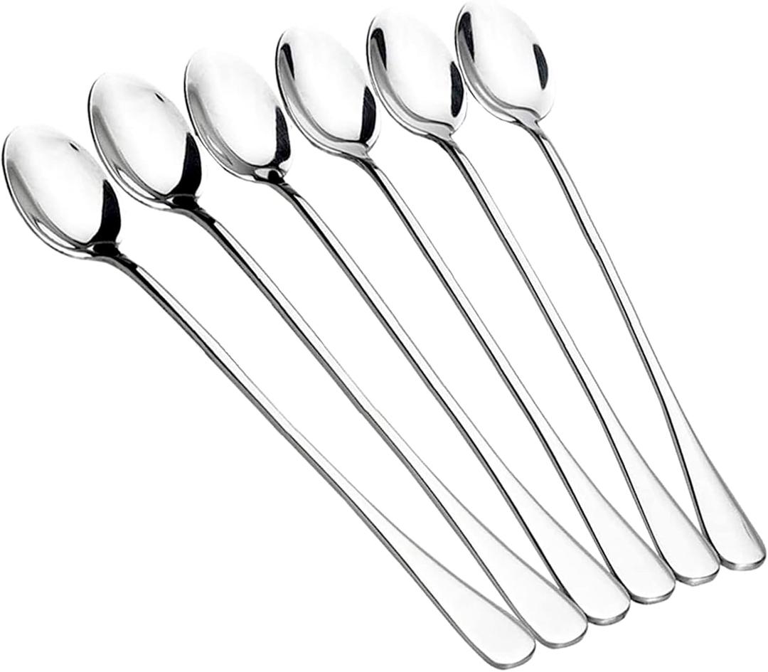 Long Handle Iced Tea Spoons, 6 Pcs 9.5-Inch Stainless Steel Dessert and Coffee Mixing Spoons for Milkshakes, Ice Cream, Cocktails, Cold Drinks (Oval)