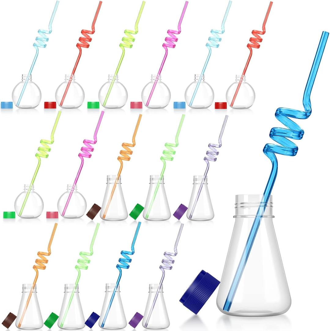 32 Pieces Science Party Theme Cups Set with Silly Loop Straws, Plastic Reusable Conical Flask Round Bottom Flask Shape Bottles and Funny Colorful Drinking Straws for Science Party Decorations