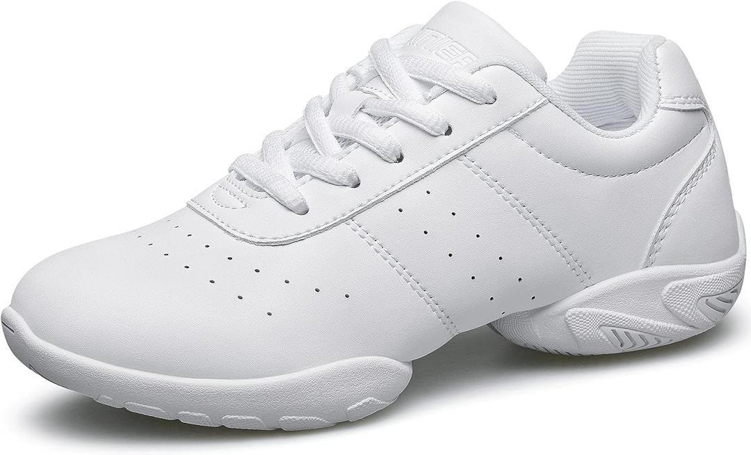 BAXINIER Girls White Cheerleading Dance Shoes Athletic Training Tennis Breathable Youth Competition Cheer Sneakers (5 Big Kid)