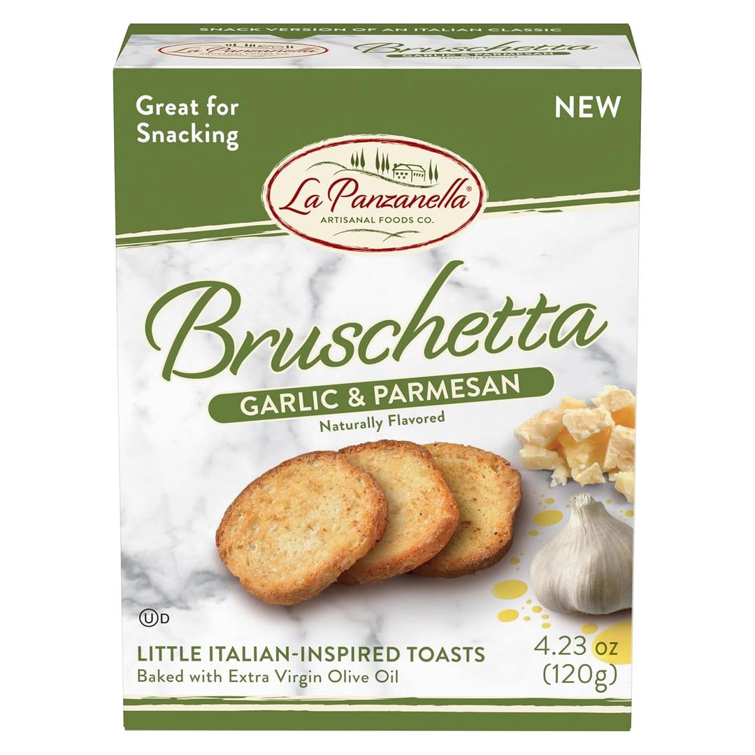 La Panzanella Garlic and Parmesan Bruschetta Crackers - Italian-inspired Toasts, For Soups, Dips, Spreads or Snacks, 4.23oz (120g), Best if Used By 26/01/2025