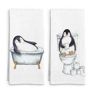 FSTCSV Funny Penguin Gifts for Kids Women Hand Towels Set of 2, Funny Penguin Hand Towel, Cute Coastal Animal Penguins Decorative Towels for Bathroom, Penguins Lovers Kids Bathroom Decor, 16x24in