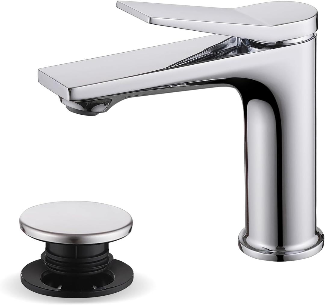 Rbrohant Single Hole Bathroom Faucet, Polished Chrome Single Handle Bathroom Sink Faucets for 1 Hole,Bathroom Vanity Faucet with Pop up Drain, Deck Mount, R2001-PC