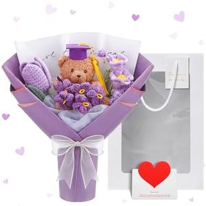 Solsew Graduation Crochet Flower Bouquet Set Includes Bear Knitted Tulips Forget-me-nots Lily of the Valley Greeting Card Gift Bag 2026 Purple Flower Bouquet Graduation Gift