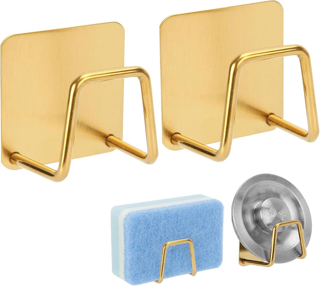 2 Pcs Adhesive Sponge Holder for Kitchen Sink Essentials,No Drilling.Stainless Steel Small Dish Sponge Holder for Sink Counter,Dish Sponge and Brush Organization Holder.Rustproof and Waterproof,Gold