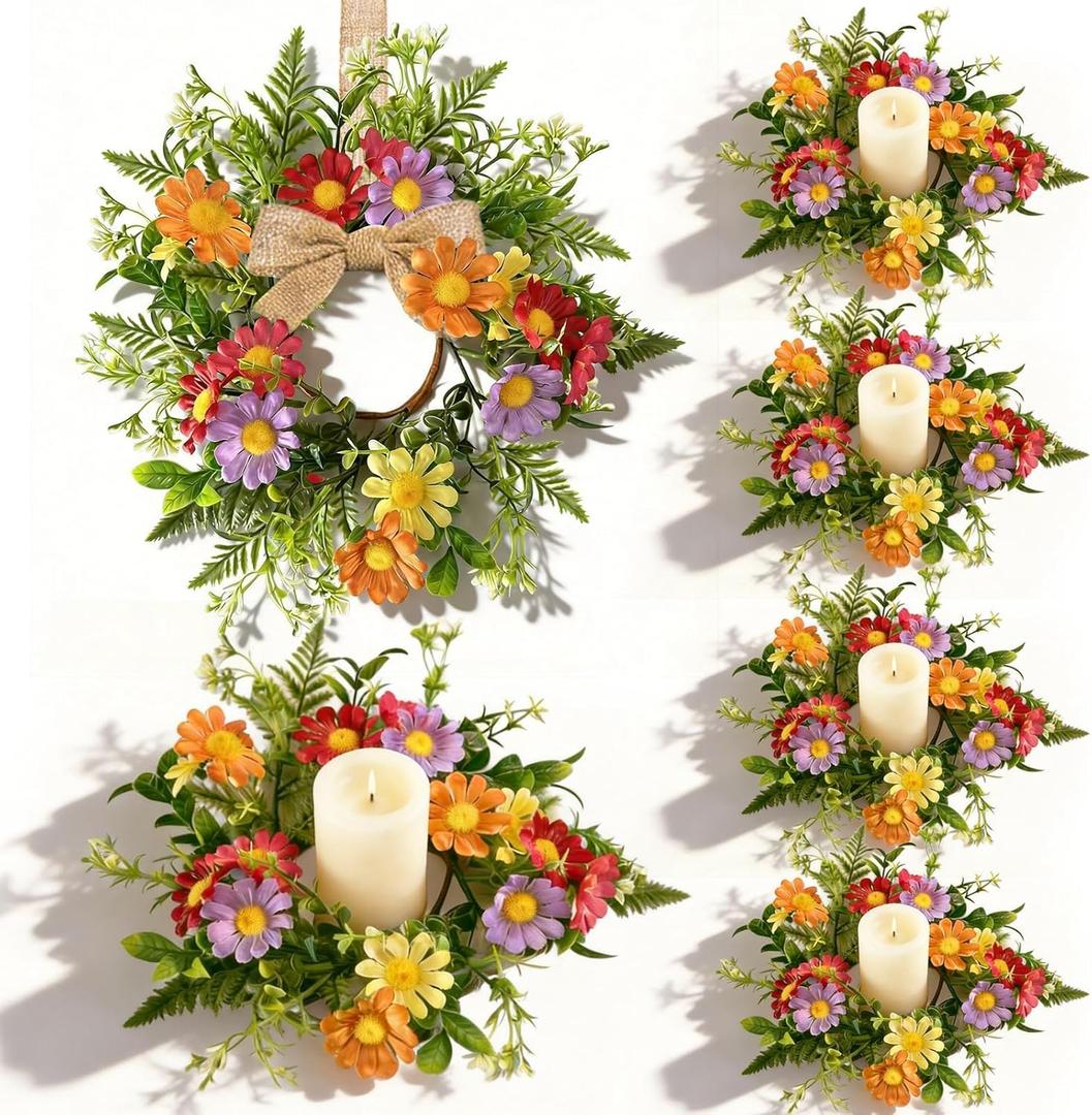 6 Pcs Mini Flowers Wreaths for Candle Ring with Orange Red Purple Yellow Daisy Floral Artificial Spring Summer Small Candle Holder Wreath for Home Kitchen Table Centerpieces Farmhouse Front Door Porch (Colorful Daisies)