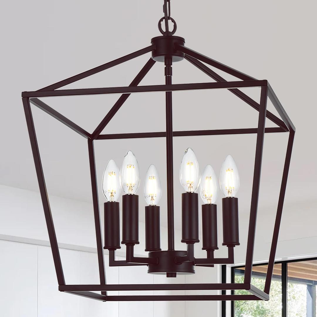 MELUCEE 16 Inches Farmhouse Chandelier 6-Light Oil Rubbed Bronze Cage Hanging Lights Rustic Lantern Pendant Lighting for Kitchen Island Dining Room Foyer Hallway, E12 Base