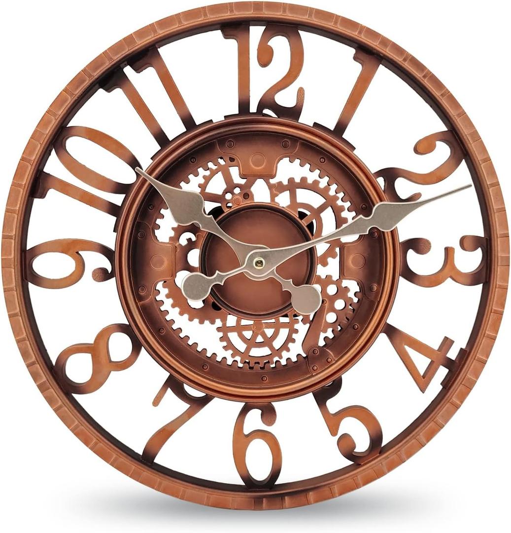 WrtmyR Outdoor Wall Clock Waterproof, 12 Inch Silent Non-Ticking Battery Operated Outside Clock, Decor Clock for Patio, Pool, Garden, Fence, Porch, Lanai, Farmhouse Decor (Red Copper)