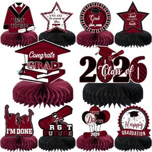 10PCS Graduation Party Decorations Class of 2026 Congrats Grad Table Centerpieces Congratulate Graduation Honeycomb Table Toppers for Graduation Party Supplies(Maroon Black)