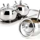 Hedume 3 Grids 304 Stainless Steel Seasoning Containers Set with Lid Spoon and Tray, Condiment Jar Spice Container, Condiment Canisters Pots for Serving Sugar, Pepper, Salt, Spice