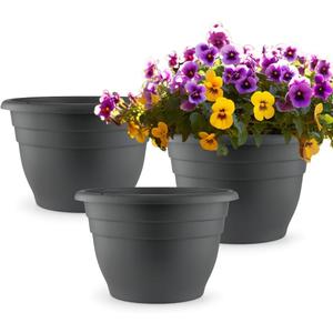 3 Pack 11 Inch Plant Pots with Drainage Hole and Plug,Plastic Flower Pots for Indoor & Outdoor Plants,Lightweight Plant Pots Perfect for Herbs,Flowers & Succulents(Gray)