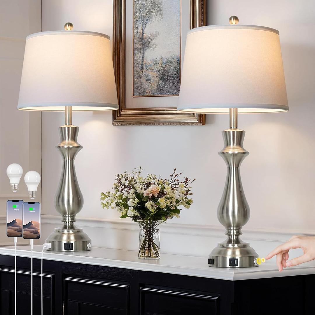 Cinkeda Silver Touch Lamps for Night Stands Set of 2-29.5" Tall Bedside Lamp with USB C+A, 3 Way Dimmable Bedroom Lamps, Brushed Nickel Table Lamps for Living Room