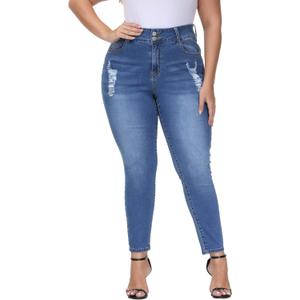 Womens Plus Size Skinny Jeans Stretchy High Waisted Ripped Distressed Ankle Jean (Blue-040)