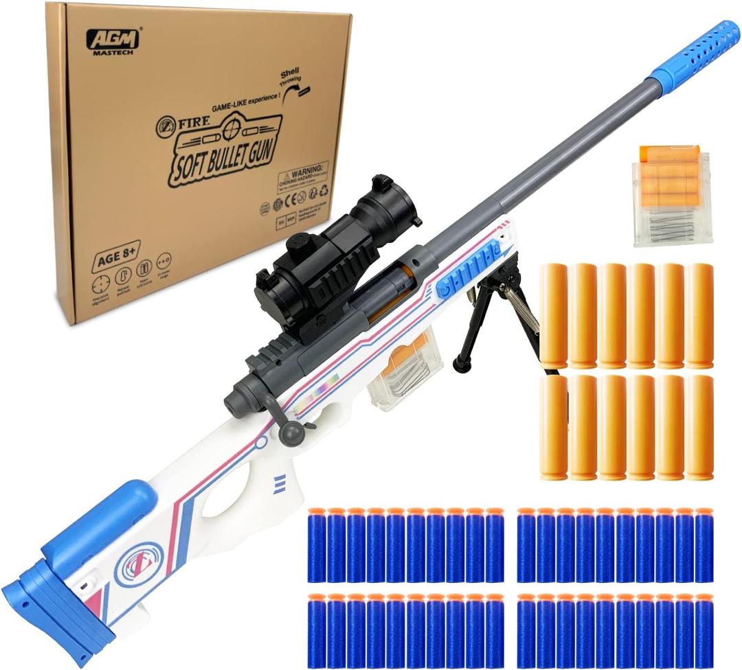 AGM MASTECH AWM Shell-Throwing Blaster Set, 40 Official Foam Darts, 4-Dart Cartridge, 2 Magazines, Fun Playset for Boys, Kids, and Adults (White)