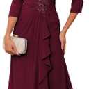 Raseal Women's Ruffles Formal Dresses for Mother with 3/4 Sleeves Applique Long Chiffon A Line Burgundy Dress for Evening Gown 14