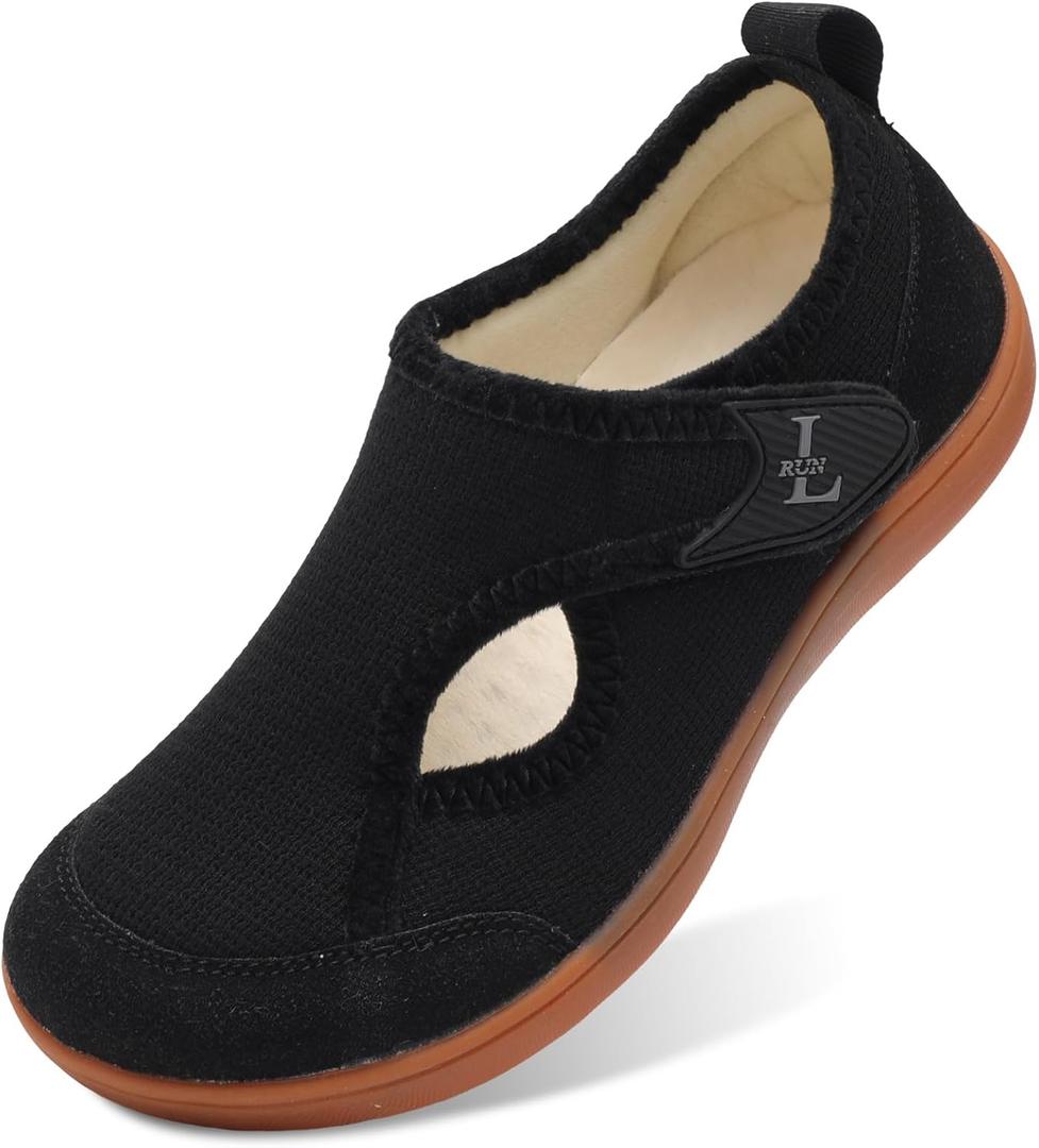 L-RUN Womens Wide Slippers Barefoot House Shoes for Swollen Feet Adjustable Walking Shoes for Elderly Warm Black 10 Wide
