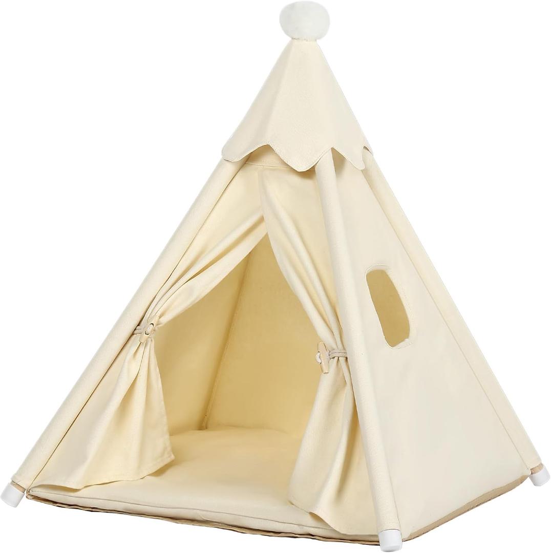 Bunny & Tiny Cat & Tiny Dog Teepee Tent House (Int 16x16x16in/Ext 18x18x21in) for Mini Chihuahua, Yorkie, Maltese, Puppy, Rabbit, Kitty Kitten, Guinea Pig, Chinchilla, Cotton Canvas & Stable Frame