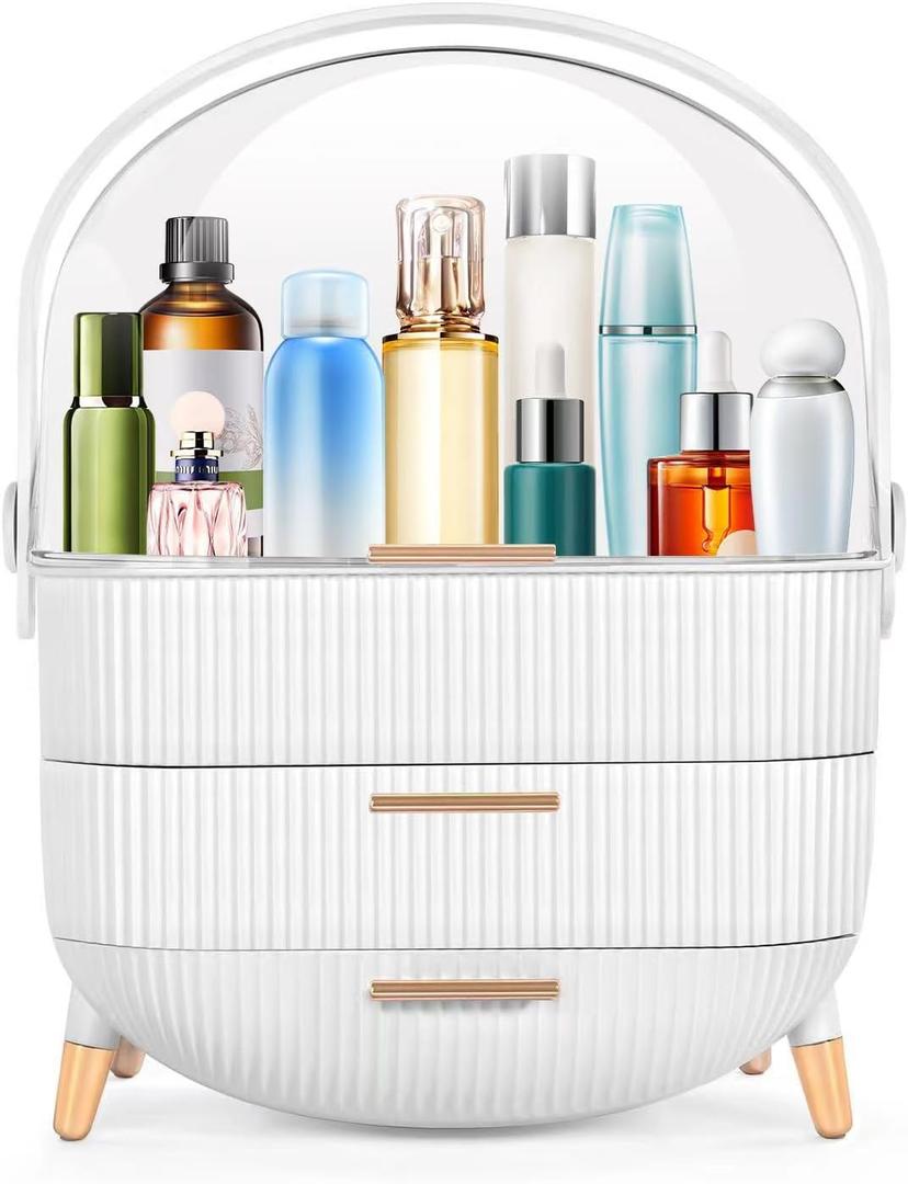 RMAN Makeup Organizer for Vanity Make up and Cosmetics Storage with Lid and Drawers Skincare Organizers Display Cases for Countertop Bathroom Dresser (Style A White)