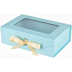 Blue Gift Box for Presents with Ribbon 10.8x7.5x3.5 Inches Clear Gift Box with Window Magnetic Closure Gift Boxes with Lids