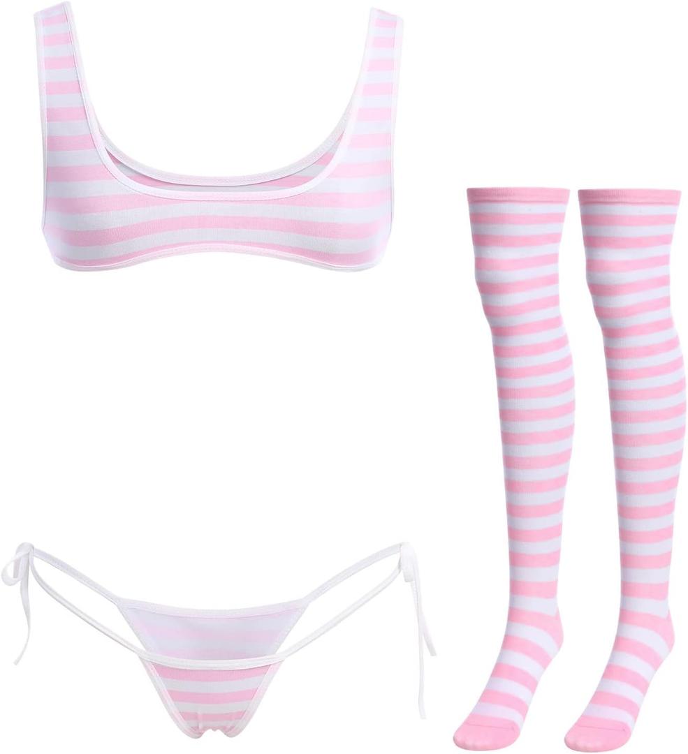 ABAFIP Women Cute Kawaii Anime Lingerie set Halter Strap Micro Bra Tiny Panty Garter Belt Striped Stockings 4Pcs Underwear (One Size, Pink - Wide Strap)